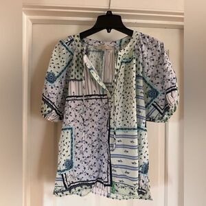 LOFT Mint and Navy Patterned Blouse